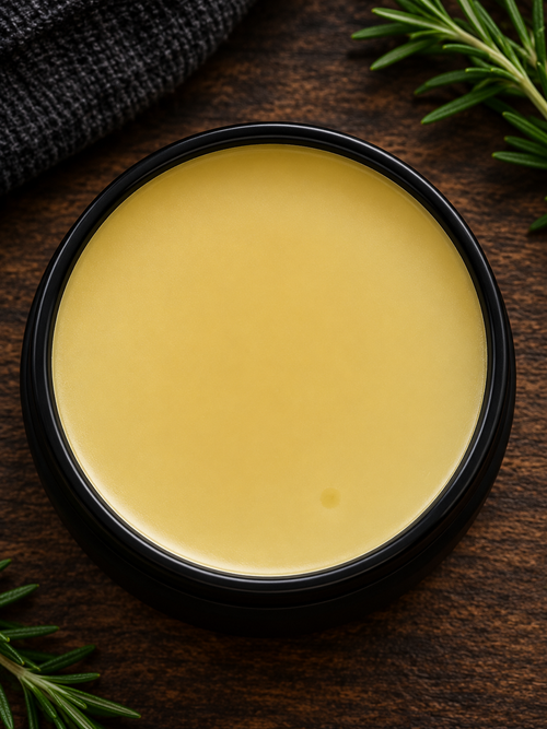 A round black jar filled with pale yellow balm or cream, photographed from above on a dark wooden surface with rosemary sprigs and a dark knit fabric in the corners.