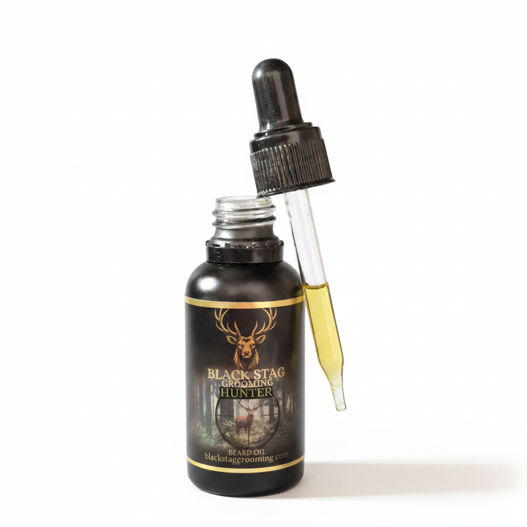 Black Stag Hunter Beard Oil with dropper on white background
