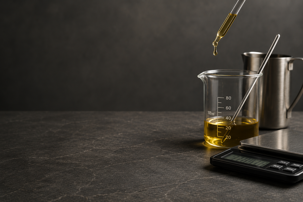 A glass beaker filled with golden yellow oil, a metal thermometer, a digital scale, and a glass dropper with oil dripping into the beaker, set on a dark gray stone-textured surface against a dark gray background.