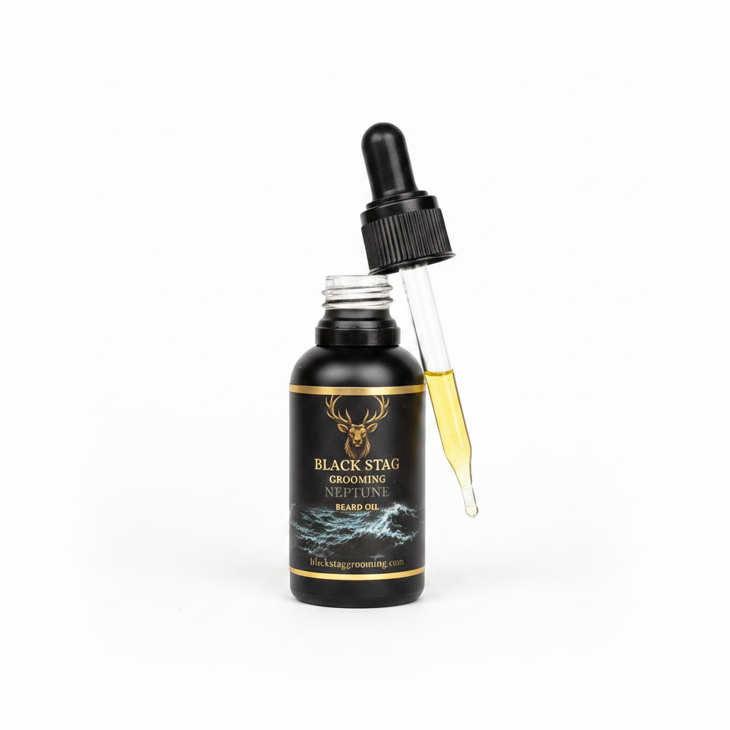 Black Stag Neptune Beard Oil with dropper on white background