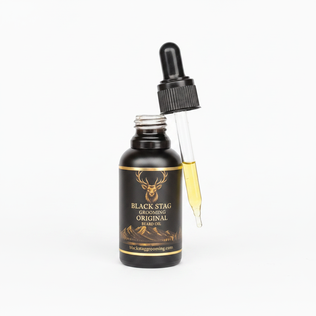 Black Stag Original Beard Oil with dropper on white background