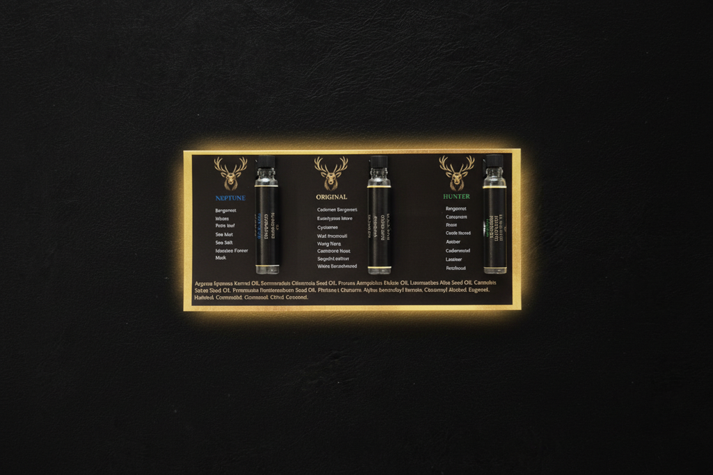 Beard Balm Sample Trio, readable text with golden backlight