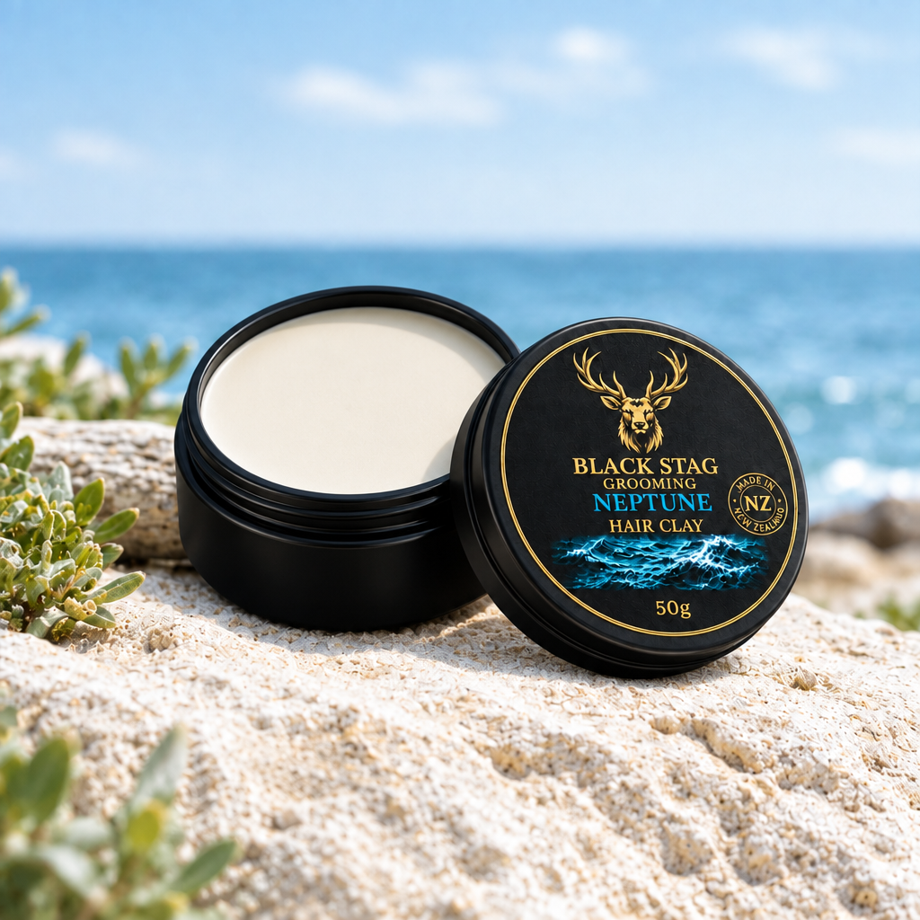 Black Stag Grooming Neptune Hair Clay 50g open tin, smooth clay surface