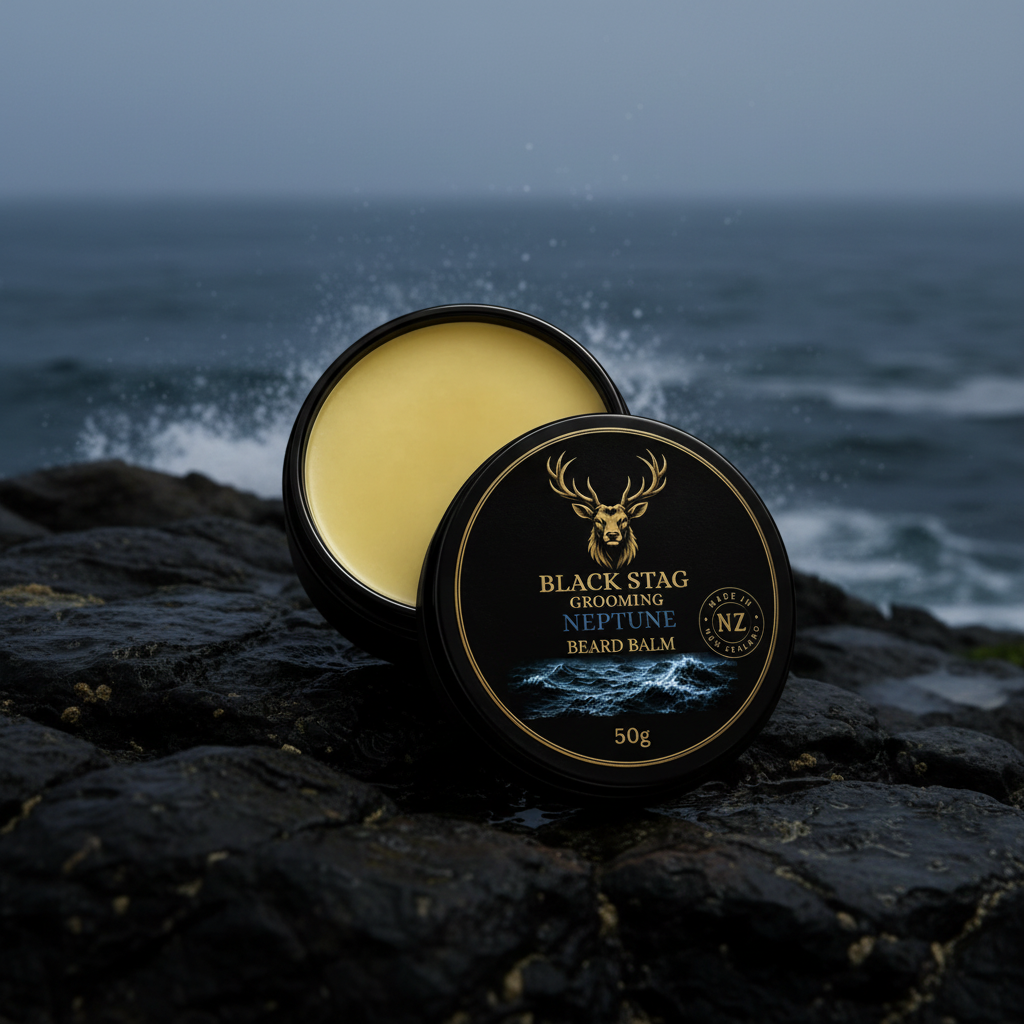 Neptune Beard Balm on dark coastal rock