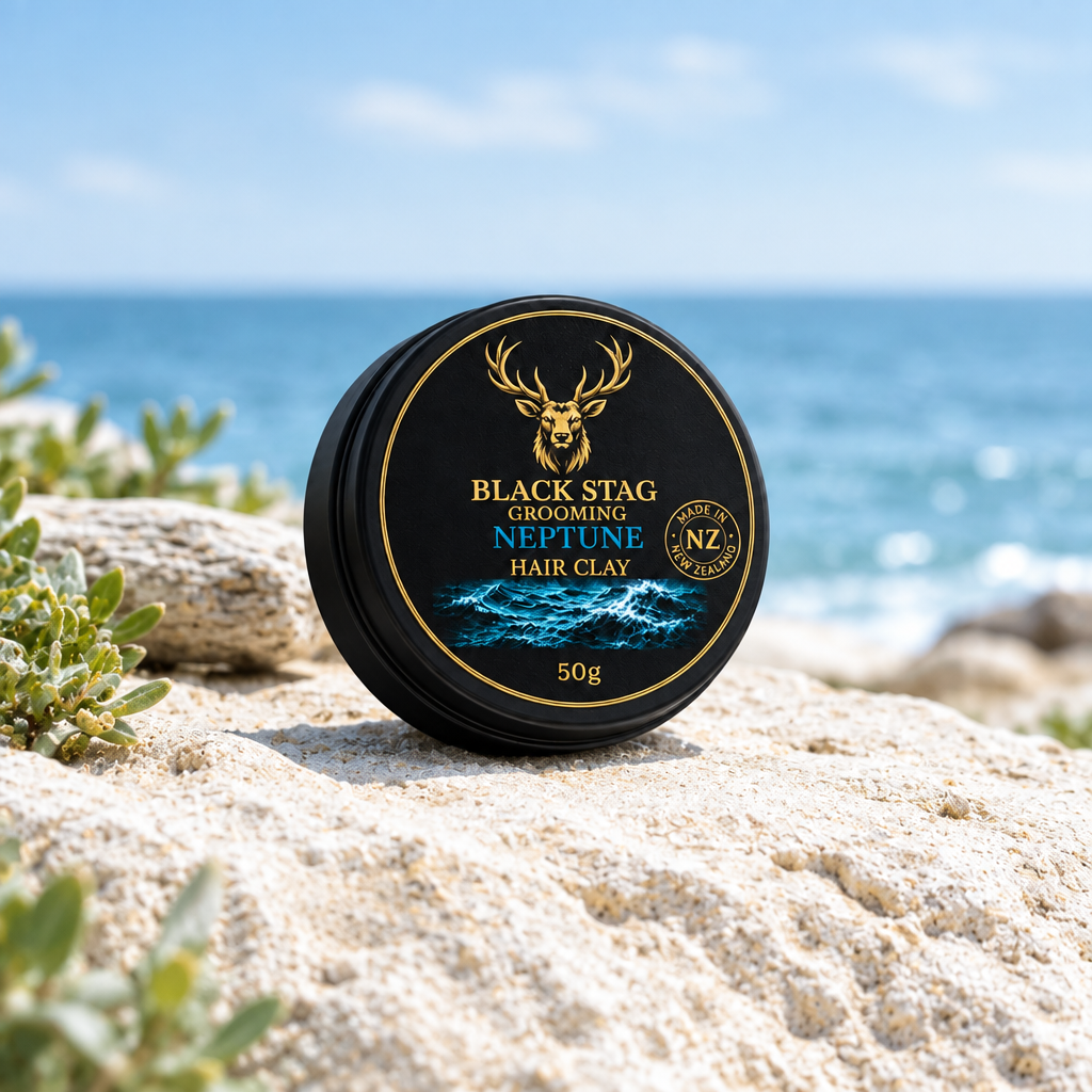 Neptune Hair Clay tin on light sand, bright daylight
