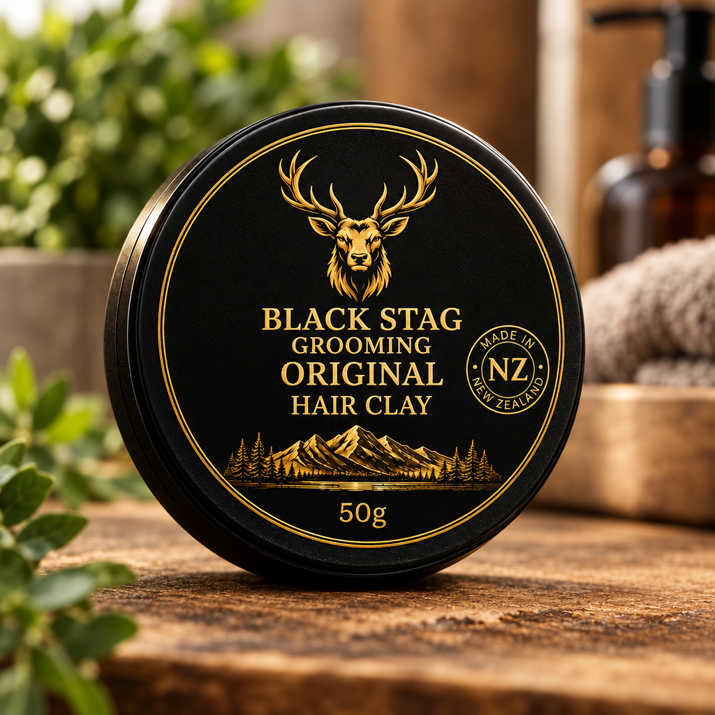 Original Hair Clay tin on natural wood background